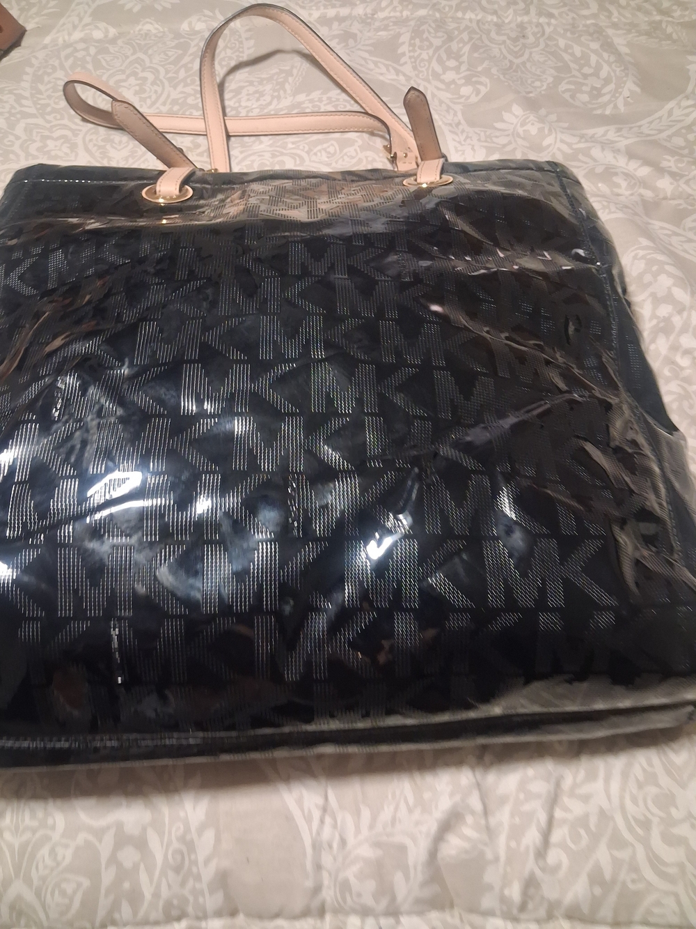 Michael Kors Black Logo Tote with Beige Handles Patent Leather